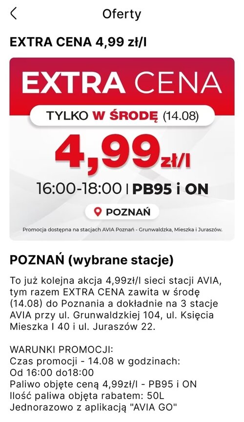 Avia promocja paliwo za 4,99 zł