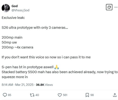 Samsung Galaxy S26 Ultra w przeciekach/ fot. @Vhsss_God na platformie X